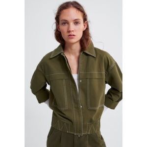 Women’s Zara cropped utility jacket lightweight cargo jacket olive green army